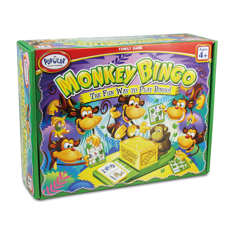 Monkey Bingo board game box by Popular Playthings featuring colorful cartoon monkeys, a yellow bingo cage, and game cards on a vibrant jungle background, labele