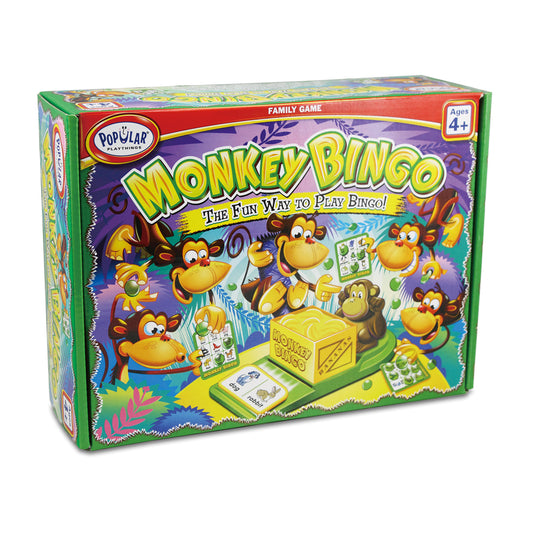 Monkey Bingo board game box by Popular Playthings featuring colorful cartoon monkeys, a yellow bingo cage, and game cards on a vibrant jungle background, labele
