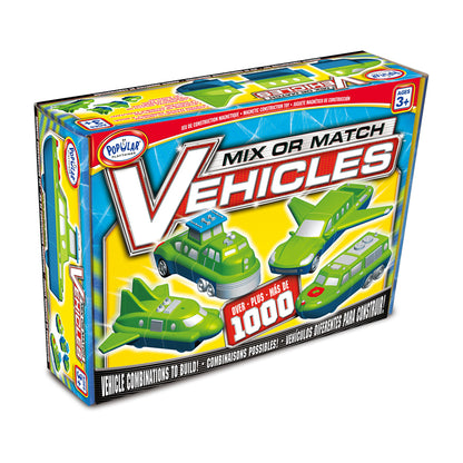 Mix or Match Vehicles magnetic building set box showing green and blue transforming vehicle pieces that combine into different configurations