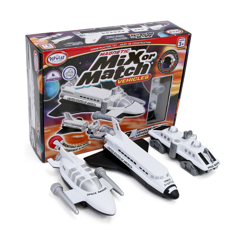 Magnetic Mix or Match Space Explorer Vehicle Set with white and black space-themed vehicles including a shuttle and ranger craft, shown with packaging box