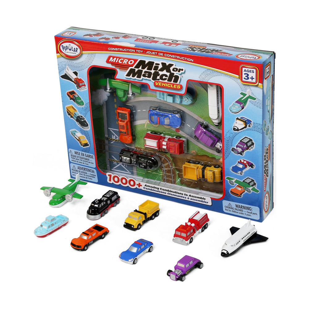 Micro Mix or Match Vehicles construction set with playmat, featuring nine interchangeable mini vehicles including cars, trucks, plane, and boat on plain backgro