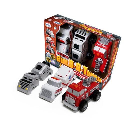 Magnetic Build-A-Truck Set with fire and rescue vehicles including ambulance, police car, and fire truck with storage box
