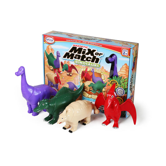 Magnetic Mix or Match Dinosaurs Set #2 box with four colorful magnetic dinosaur pieces: purple long-neck, green crocodile-like, cream-colored, and red winged di
