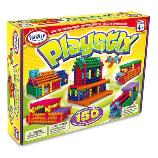 Playstix 150-piece building set box showing colorful interlocking spheres in red, yellow, blue, green, orange, and purple assembled into various structures