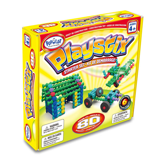 Popular Playthings Playstix Starter Set box showing colorful interlocking plastic building pieces in green, blue, red, yellow, and purple assembled into structu