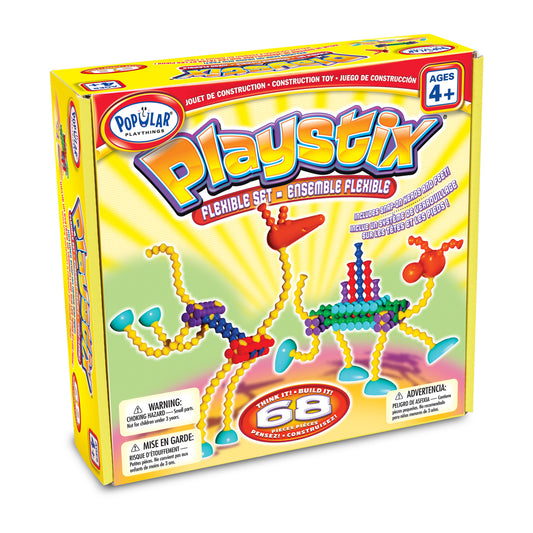 Playstix Flexible Set construction toy box showing colorful interlocking beads and curved connector pieces in yellow, red, purple, blue, and green forming abstr