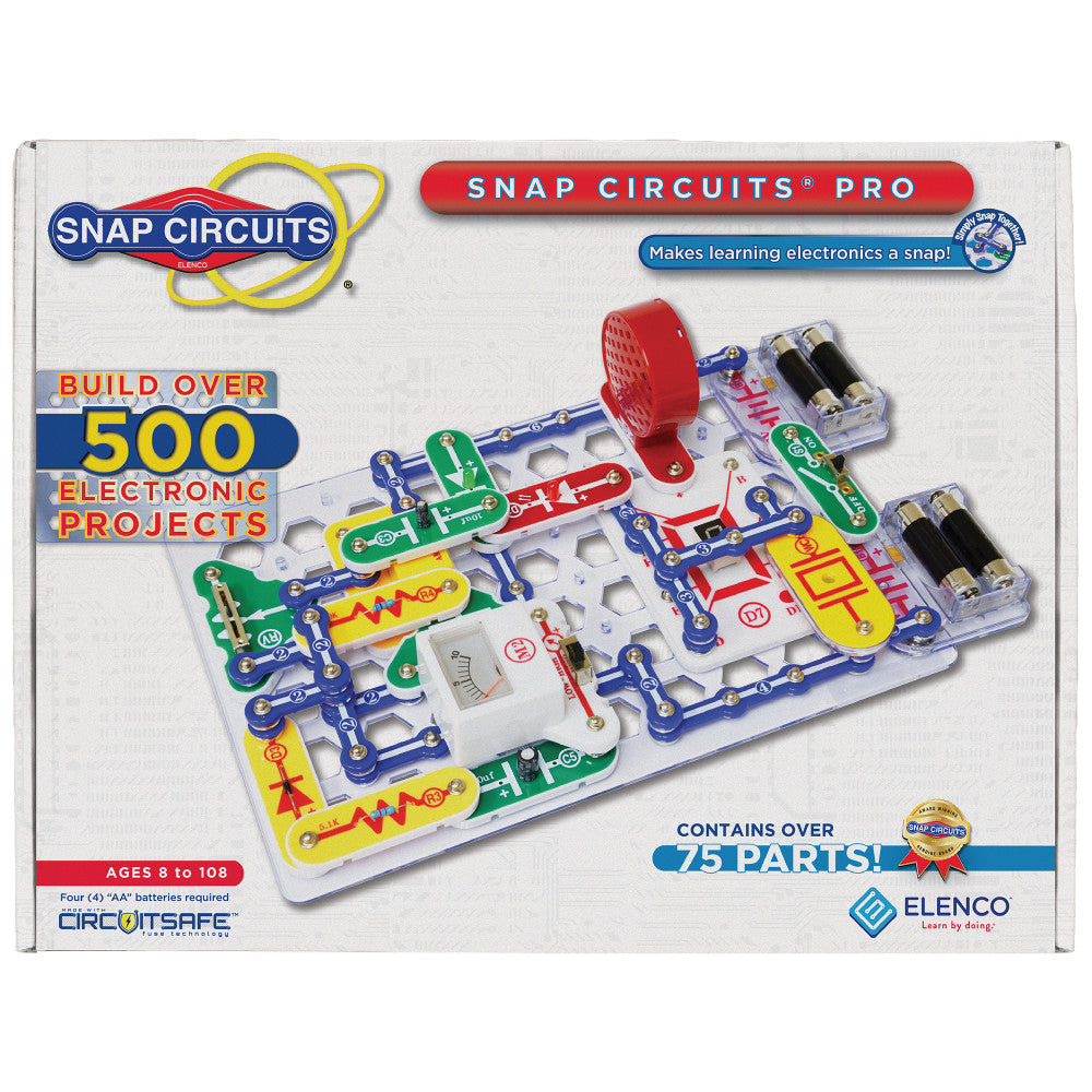 Snap Circuits Pro SC-500 electronics kit box showing colorful snap-together circuit boards with blue connectors, red and green components, battery holders, and