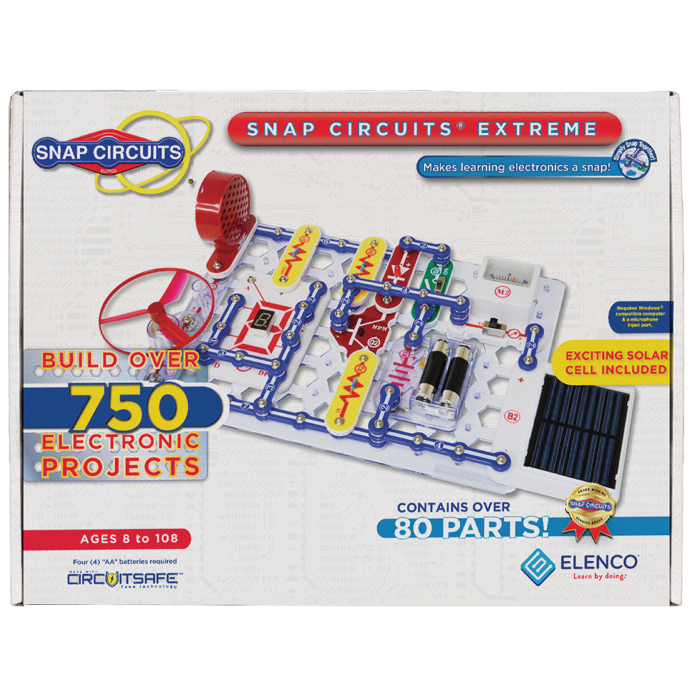 Snap Circuits Extreme SC-750 electronics kit with blue snap-together circuit board, red fan, solar cell panel, and over 80 components for building 750 projects,