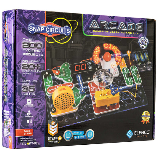 Snap Circuits Arcade electronics kit box showing purple packaging on left side and product display on right with colorful circuit boards, LED lights, speaker, a
