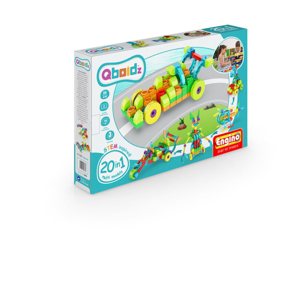 Engino Qboidz 20-in-1 Multi Models building set box showing colorful modular construction vehicle and alternate build configurations