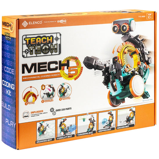 Teach Tech Mech 5 mechanical coding robot building set with orange and teal components, gears, and interchangeable bot configurations including drawing-bot, for