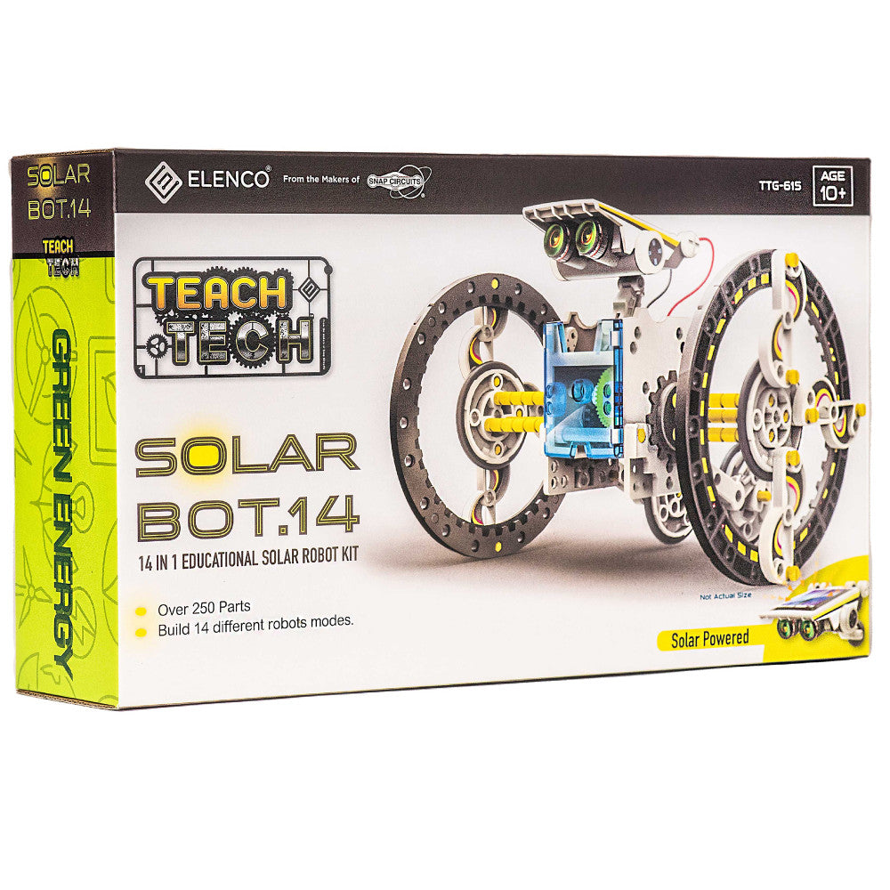 Teach Tech SolarBot.14 educational solar robot kit box showing yellow and black wheeled robot with gears and blue circuit board, includes over 250 parts to buil