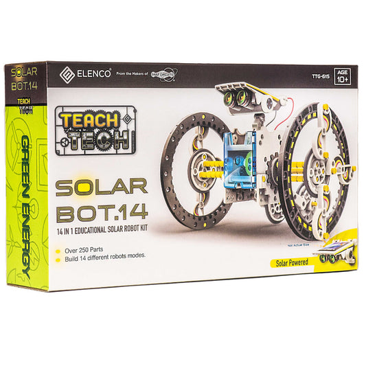 Teach Tech SolarBot.14 educational solar robot kit box showing yellow and black wheeled robot with gears and blue circuit board, includes over 250 parts to buil