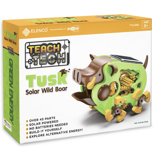 Teach Tech Tusk Solar Wild Boar building set box showing green and brown motorized boar robot with gears and solar panel on top, over 45 parts, no batteries nee