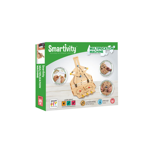 Smartivity Multiplication Machine wooden learning toy with gears and pegs on packaging box showing product and hands-on play examples