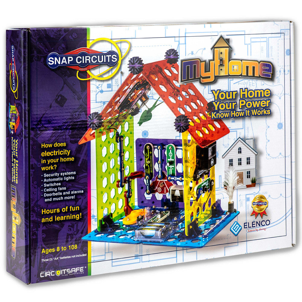 Snap Circuits My Home STEM learning set with colorful circuit-building components, house structure, and blueprint-style packaging showing educational electronic