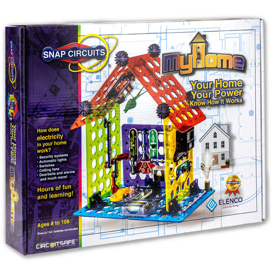 Snap Circuits My Home STEM learning set with colorful circuit-building components, house structure, and blueprint-style packaging showing educational electronic