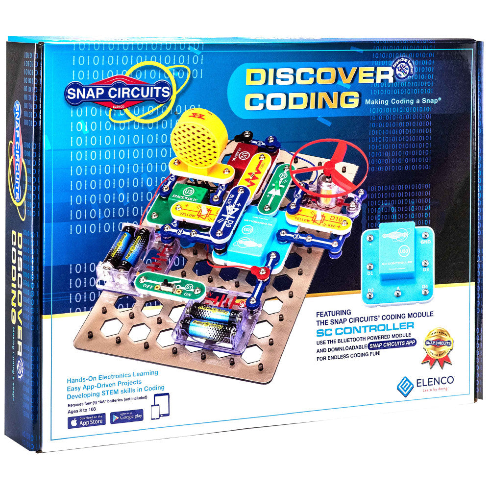 Snap Circuits Discover Coding kit with colorful circuit boards, yellow sensor, red propeller, blue control module, and batteries on tan baseplate