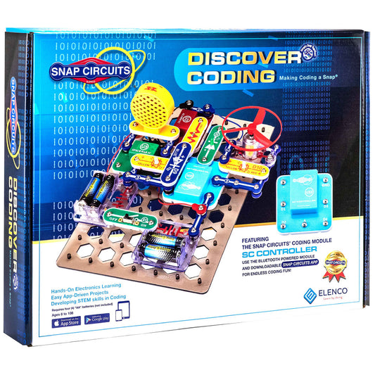 Snap Circuits Discover Coding kit with colorful circuit boards, yellow sensor, red propeller, blue control module, and batteries on tan baseplate