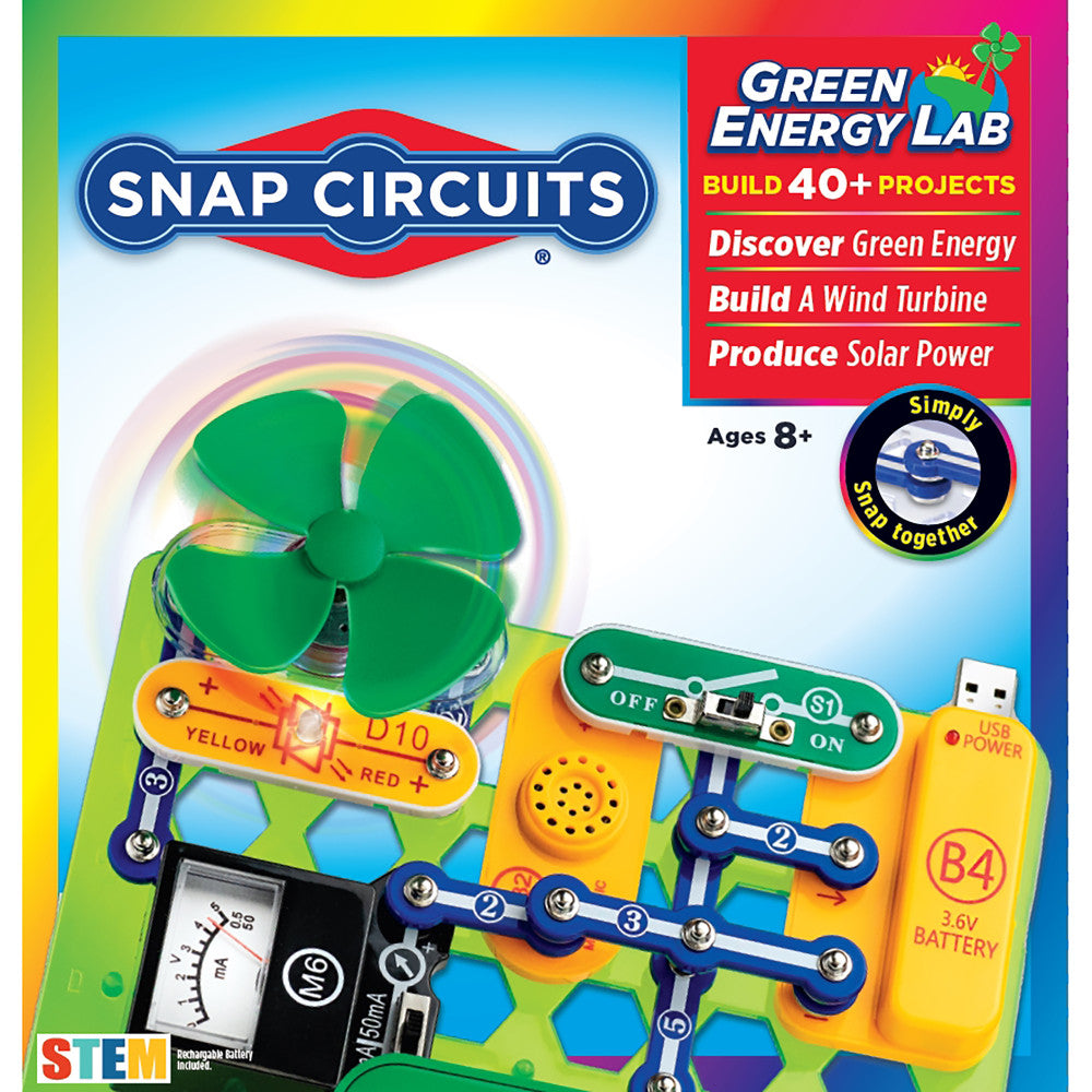 Snap Circuits Green Energy Lab electronics kit with green fan propeller, colorful circuit board base, battery pack, and snap-together components for building 40