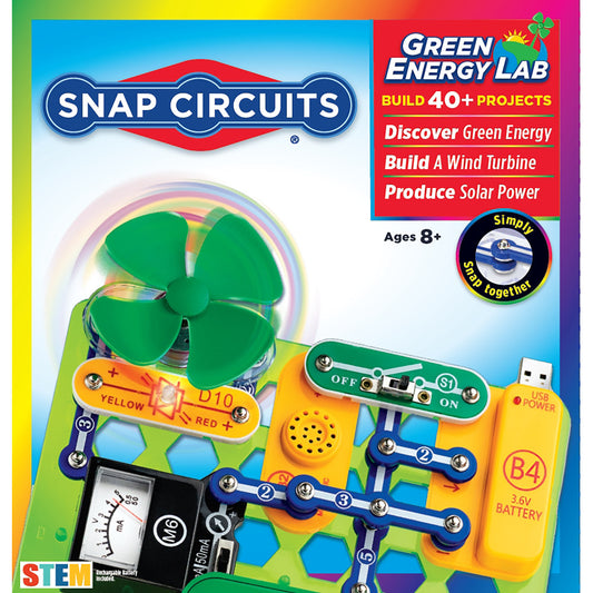 Snap Circuits Green Energy Lab electronics kit with green fan propeller, colorful circuit board base, battery pack, and snap-together components for building 40