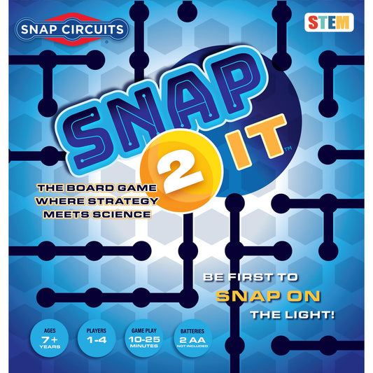 Snap Circuits Snap-2-It STEM board game box featuring blue hexagonal circuit pattern background, game title logo with yellow number 2, and tagline 'Be first to