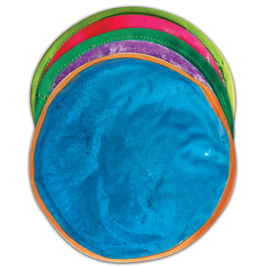 Colorful sensory disc with layered rings in blue, orange, purple, green, pink, and lime green, textured surface for tactile play