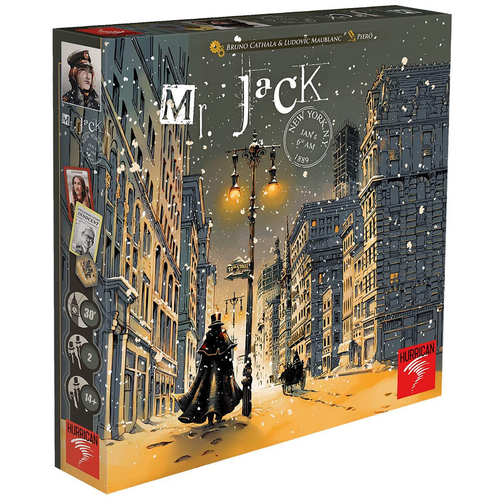 Mr. Jack New York board game box featuring illustrated snowy New York City street scene with Victorian buildings, street lamps, and silhouetted figures