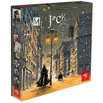 Mr. Jack New York board game box featuring illustrated snowy New York City street scene with Victorian buildings, street lamps, and silhouetted figures