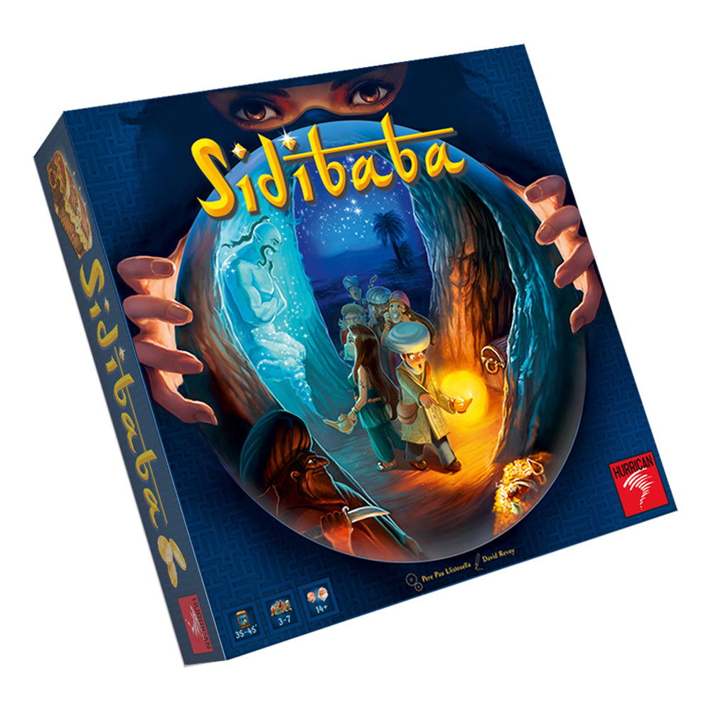 Sidibaba board game box featuring illustrated adventurers in a magical cave with glowing treasures and mystical characters