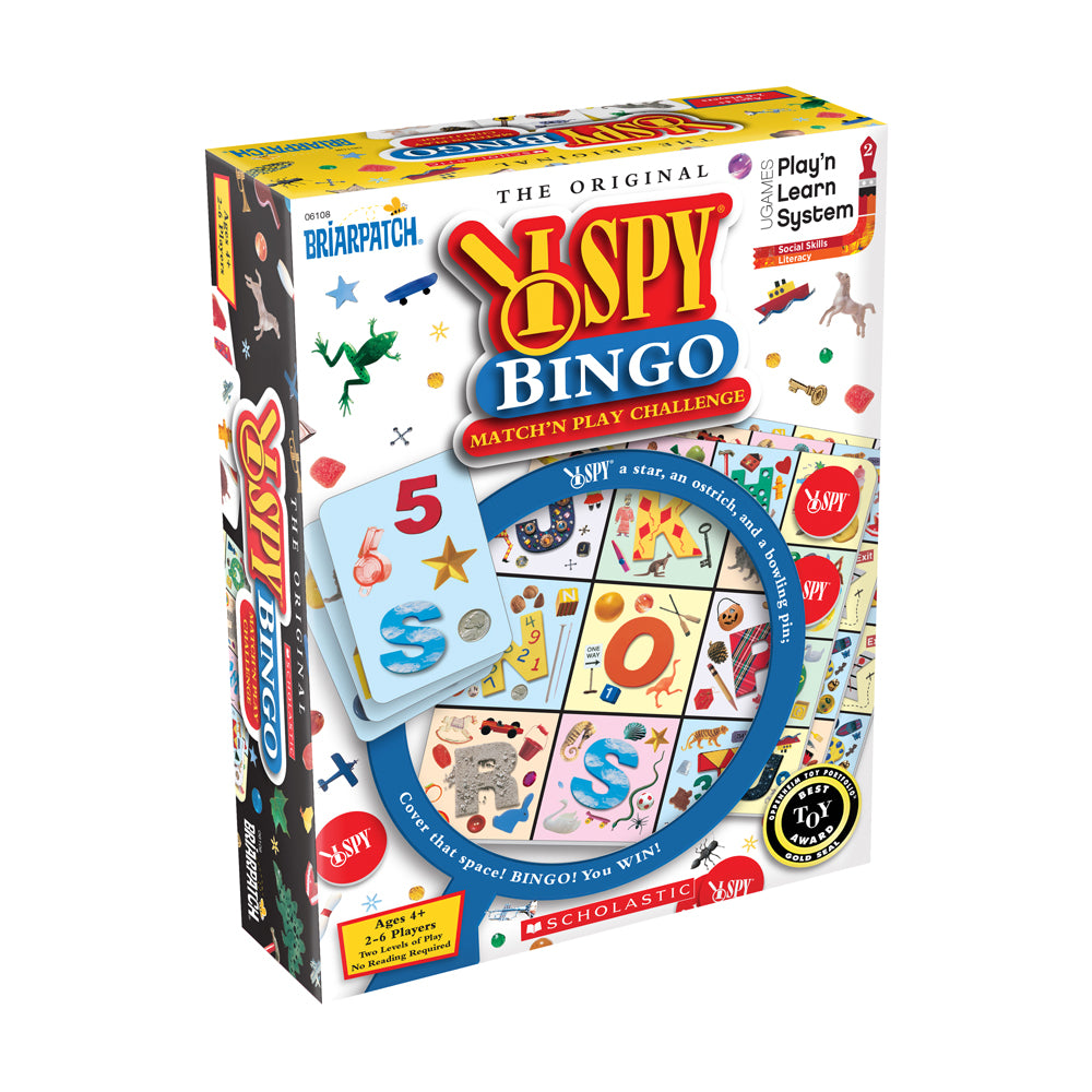 I Spy Bingo Match & Play Challenge board game box showing colorful game cards with hidden objects, bingo card with number 5, and game components on white backgr