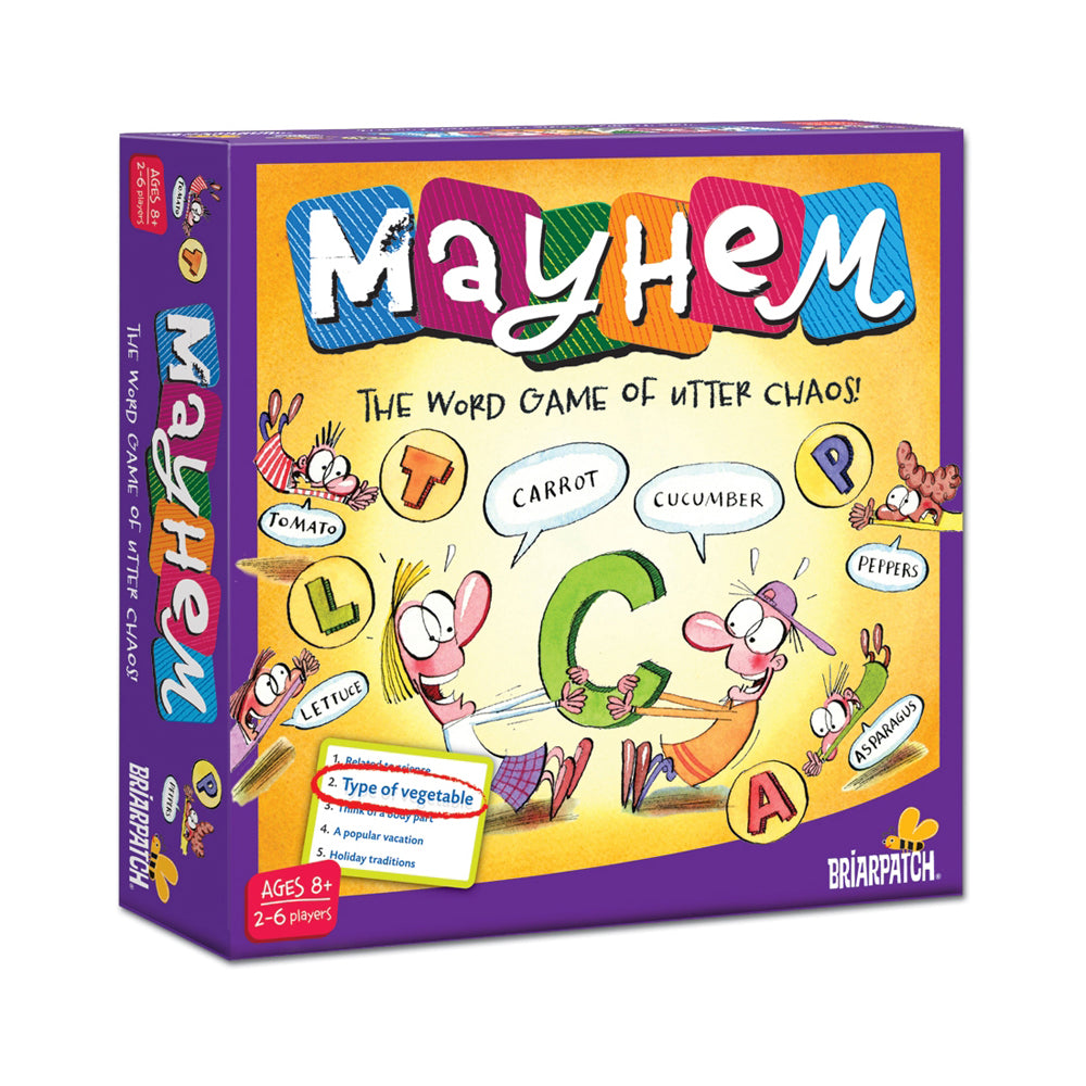 Mayhem board game box by Briarpatch showing colorful title with cartoon characters and vegetables, ages 8+, 2-6 players