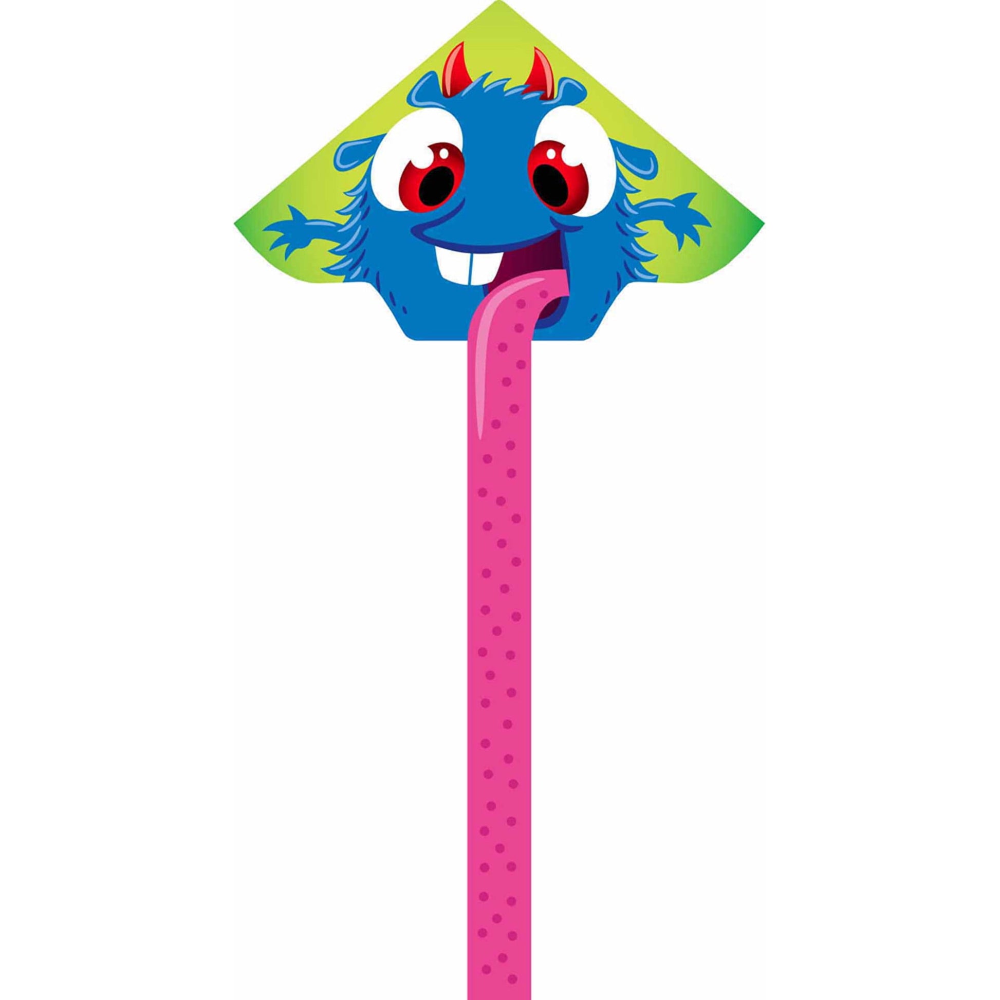 Blue monster-shaped kite with lime green diamond-top section, red horns, white eyes with red pupils, toothy grin, and pink tongue, attached to long pink texture
