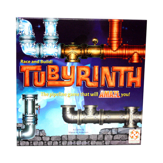 Tubyrinth Pipe Puzzle Strategy Board Game box showing illuminated blue and orange pipeline components with game title and tagline 'The pipeline game that will A