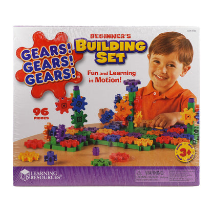 Gears! Gears! Gears! Beginner's Building Set box showing colorful interlocking plastic gears in red, blue, green, yellow, and purple, modeled by a child in oran