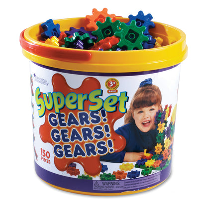 Gears! Gears! Gears! 150-piece super set in yellow bucket with red handle, filled with colorful plastic gears in blue, orange, green, and purple, modeled by a c