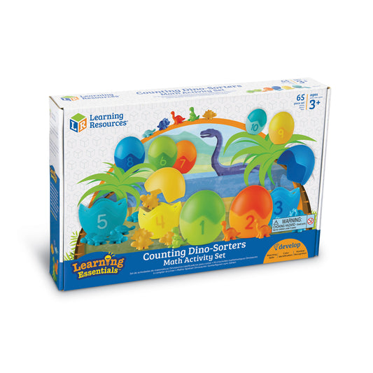 Learning Essentials Counting Dino-Sorters Math Activity Set box showing colorful numbered dinosaur egg sorters with numbered shells 1-10 and a purple long-necke
