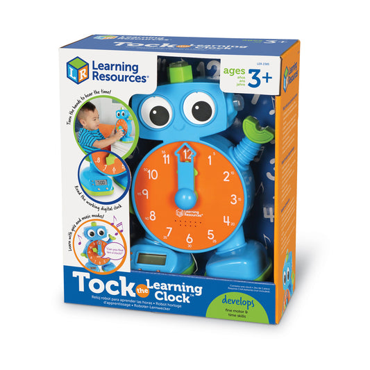Learning Resources Tock the Learning Clock toy with blue owl body, large white eyes, and orange clock face with movable hands, ages 3+