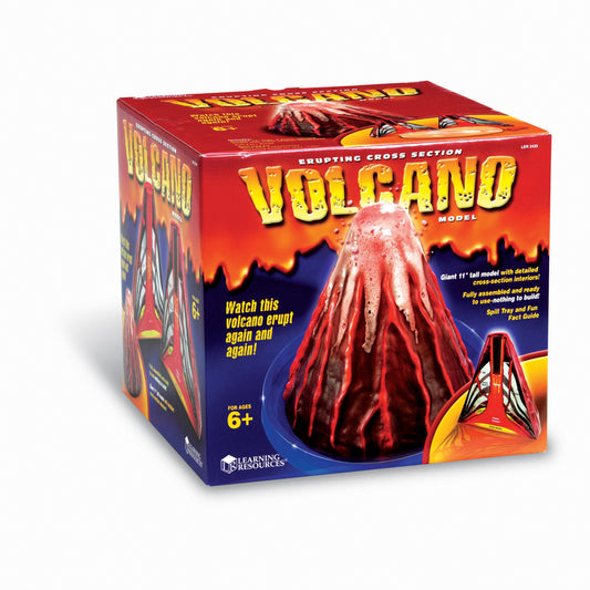 Erupting Cross-Section Volcano Model Kit box showing a 11-inch tall red volcano with detailed interior cross-section visible, fully assembled and ready to use,