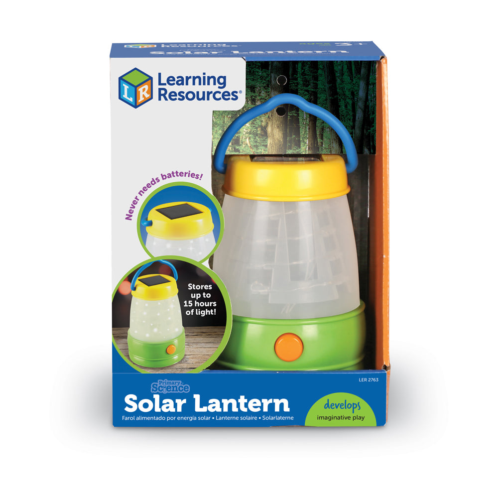 Learning Resources Primary Science Solar Lantern with yellow top, clear cylindrical body, green base with orange button, and blue handle; packaging shows produc