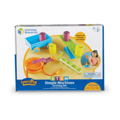 Learning Resources Simple Machines Activity Set with colorful plastic parts including pulleys, levers, wheels, and cylinders on wooden base, modeled by a child