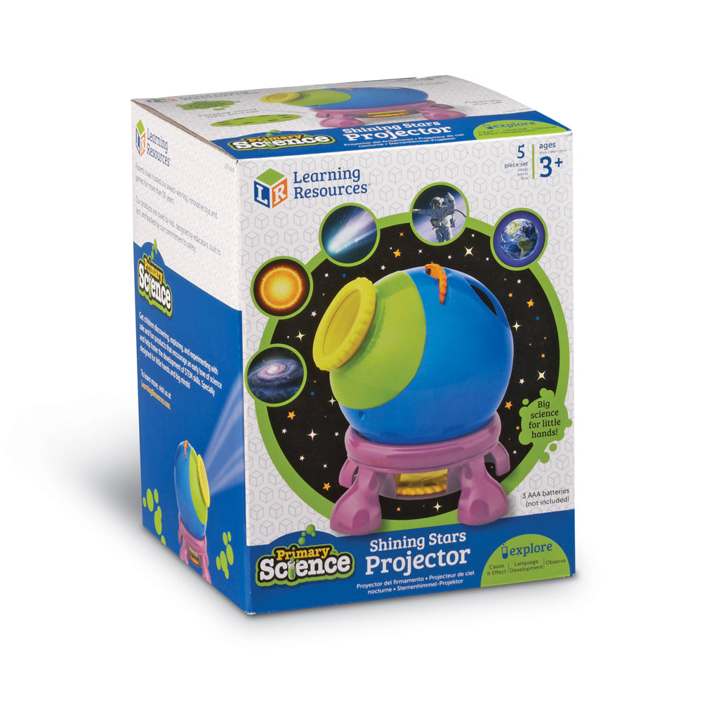 Primary Science Shining Stars Projector with blue and green globe-shaped body on pink tripod base, displaying space and celestial imagery on black background wi