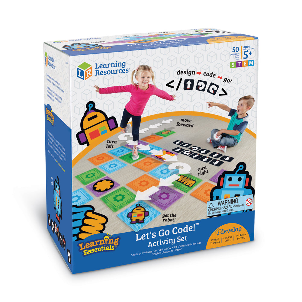 Let's Go Code! Activity Set box showing two children on a floor mat with colorful coding tiles, robot characters, and command symbols for programming instructio
