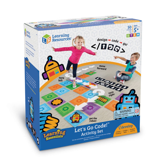 Let's Go Code! Activity Set box showing two children on a floor mat with colorful coding tiles, robot characters, and command symbols for programming instructio