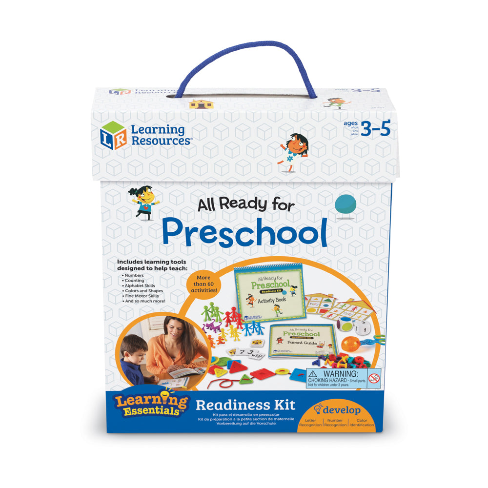 Learning Resources All Ready for Preschool Readiness Kit with blue carry handle, showing activity book, parent guide, colorful learning manipulatives, and adult