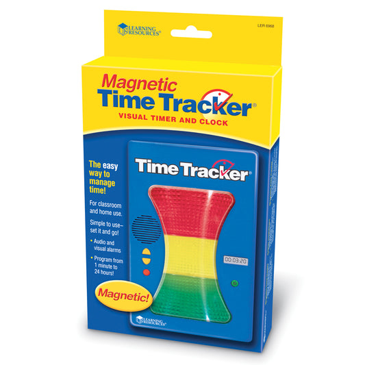 Magnetic Time Tracker visual timer and clock in packaging, featuring hourglass shape with red, yellow, and green sections, display screen, and control buttons