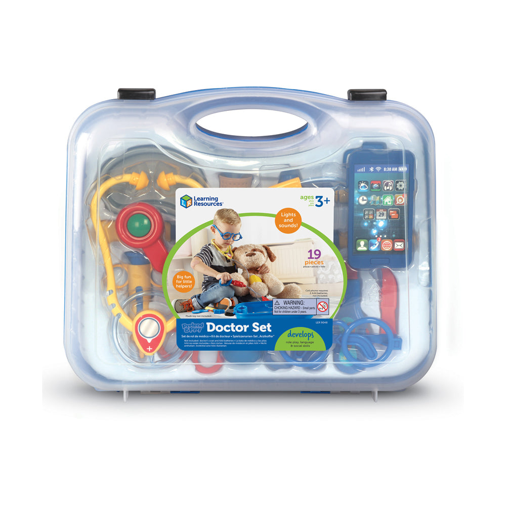 Learning Resources Pretend & Play Doctor Set in clear carrying case with 19 pieces including stethoscope, otoscope, and toy smartphone, ages 3+