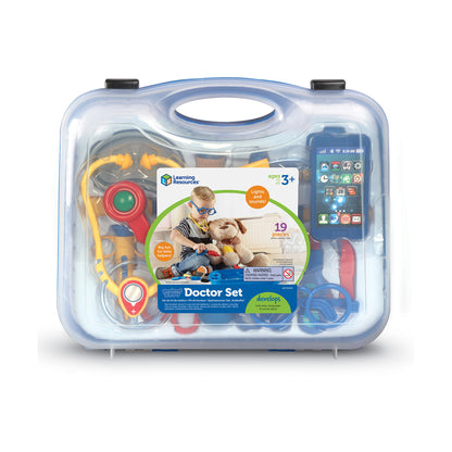 Learning Resources Pretend & Play Doctor Set in clear carrying case with 19 pieces including stethoscope, otoscope, and toy smartphone, ages 3+