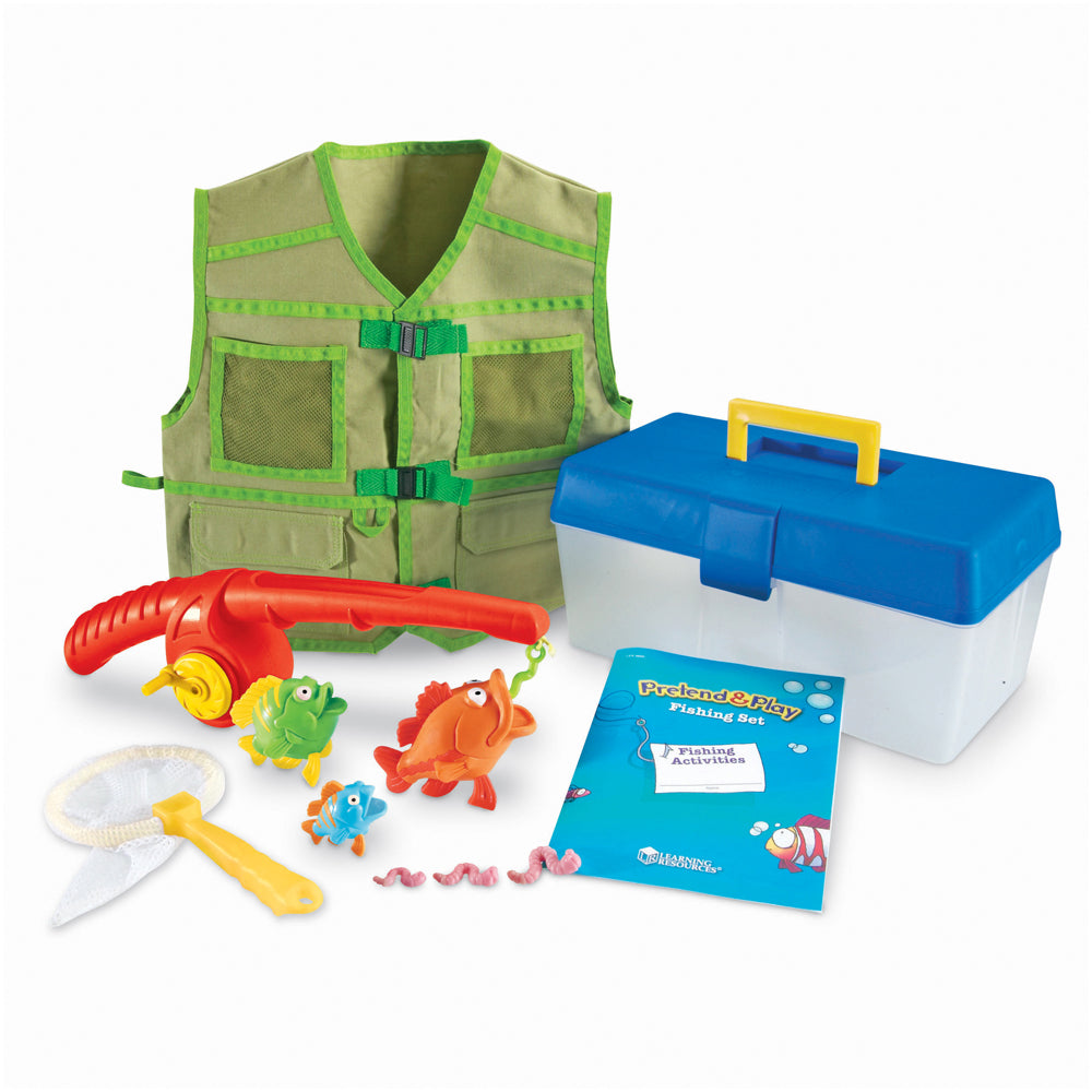 Pretend & Play Fishing Set with tan and green vest, red fishing rod, colorful fish toys, net, storage box, and activity guide