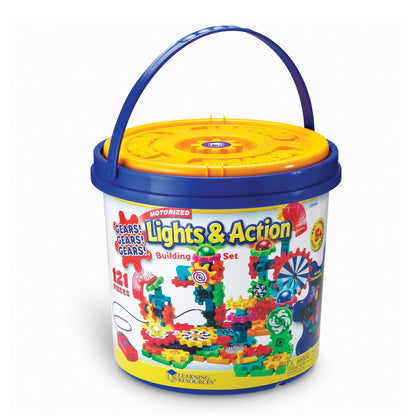 Gears! Gears! Gears! Lights & Action motorized building set in yellow and blue bucket with handle, featuring colorful interlocking gears and geared pieces